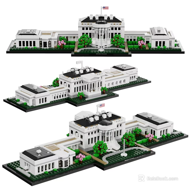 Detailed Building Blocks Model Set With Classic Architecture Columns Green Trees And Lawn 3d model 
