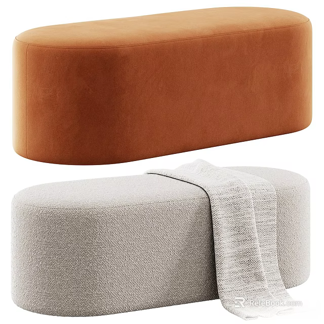 Orange Velvet and Light Gray Fabric Ottomans with Soft Blanket Decor 3d model 