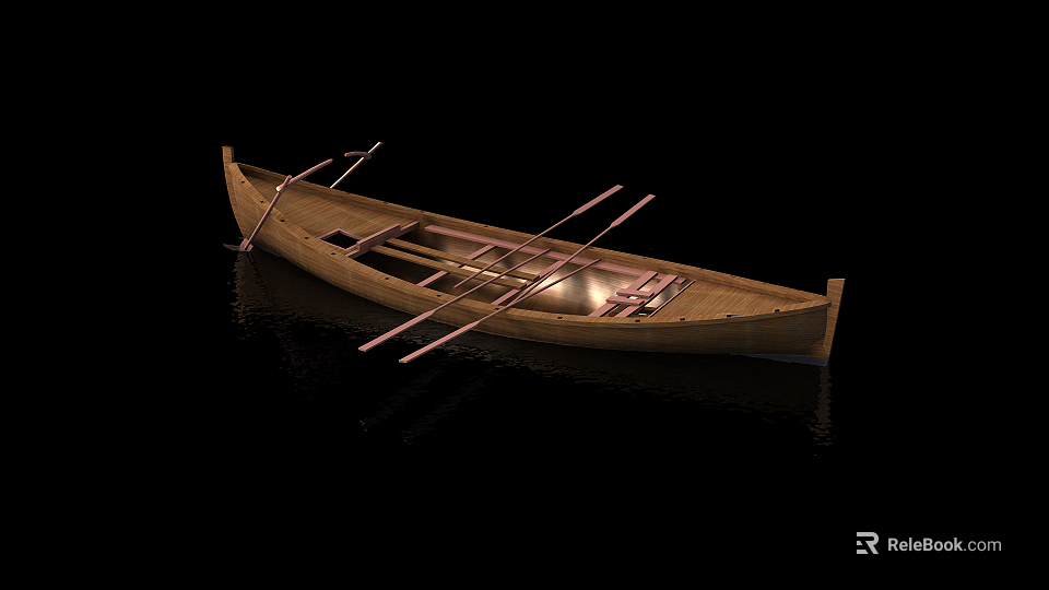 Classic Wooden Boat With Oars And Calm Water Surface Reflections 3d model 