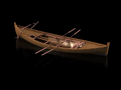 Classic Wooden Boat With Oars And Calm Water Surface Reflections 3d model