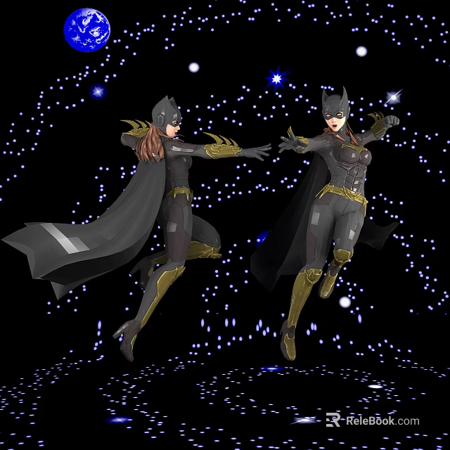 Batgirl Game Movie Characters With Black Costumes Gold Accents Cloaks Dynamic Poses Starry Glowing Background 3d model 