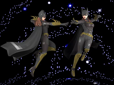 Batgirl Game Movie Characters With Black Costumes Gold Accents Cloaks Dynamic Poses Starry Glowing Background 3d model