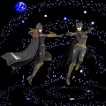 Batgirl Game Movie Characters With Black Costumes Gold Accents Cloaks Dynamic Poses Starry Glowing Background