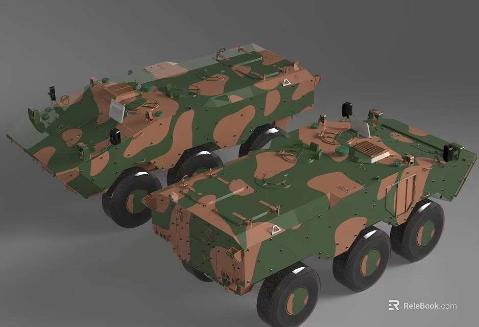 Functional Military Armored Vehicles with Camouflage Pattern and Wheeled Design 3d model 