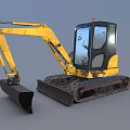Yellow Mini Excavator With Muddy Tracks And Front Bucket Industrial Vehicle