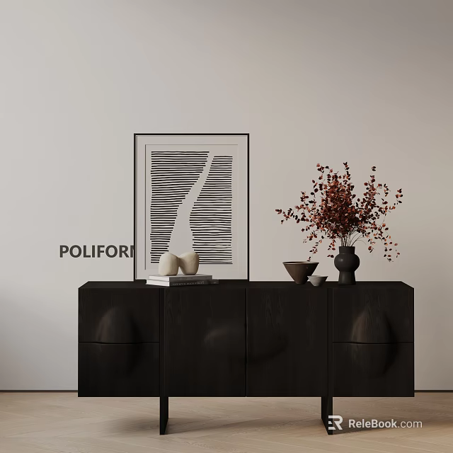 Modern Console Table Sideboard Cabinet With Black Finish Artwork Vase Red Flower Branches Decorative Items 3d model 