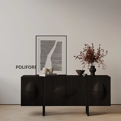 Modern Console Table Sideboard Cabinet With Black Finish Artwork Vase Red Flower Branches Decorative Items 3d model