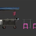 Outdoor Mobile Food Cart With Blue Canopy White Table And Pink Stools
