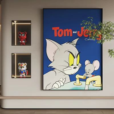 Animal Painting Featuring Tom and Jerry Cat and Mouse by Faucet on Blue Room Wall 3d model