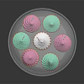 Colorful Pink And Green Cupcakes On Transparent Stand With Glass Dome