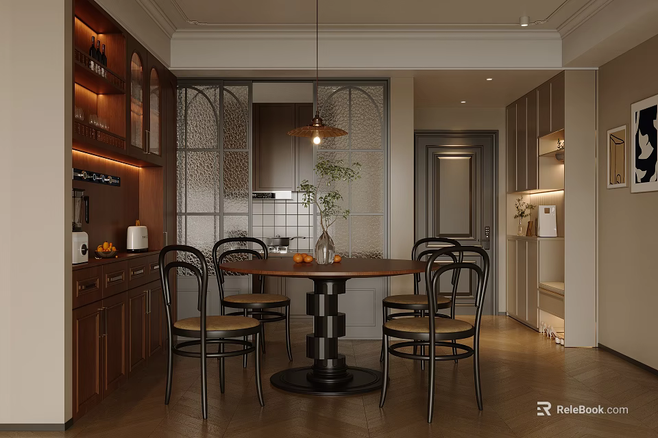 Warm Restaurant Interior With Wooden Dining Table Black Chairs Glass Partition And Hanging Lamp 3d model 