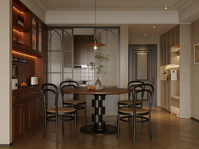 Warm Restaurant Interior With Wooden Dining Table Black Chairs Glass Partition And Hanging Lamp 3d model
