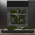 Stylish Indoor Landscape Interior With Green Moss Silver Sculpture Red Stream Stones And White Pebbles