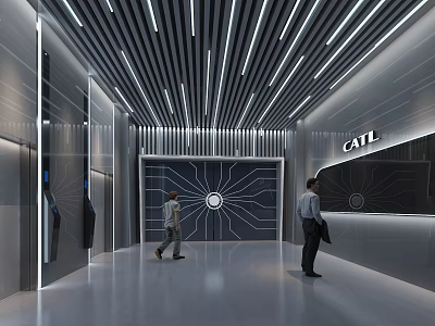 CATL Exhibition Hall Modern Interior With Ceiling Strip Lights And Patterned Wall 3d model