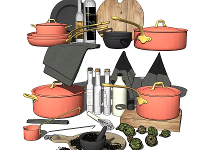 Colorful Kitchen Cookware Set With Orange Pots Pans Spice Bottles And Wooden Cutting Board 3d model
