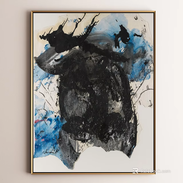 Modern Abstract Painting With Black Brushstrokes Blue Tones And White Background 3d model 