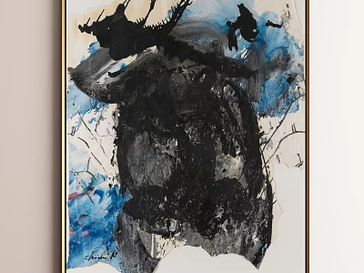 Modern Abstract Painting With Black Brushstrokes Blue Tones And White Background 3d model