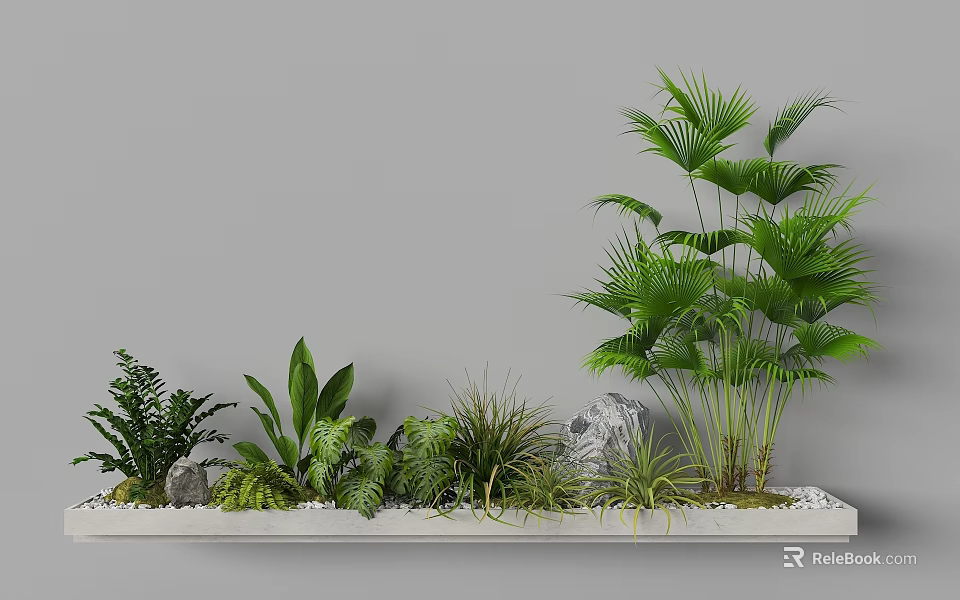 Garden Landscape Design Featuring Various Green Plants Stones And Pebbles In Planter 3d model 