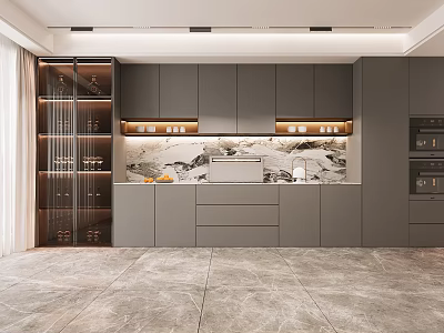 Modern Elegant Kitchen Sideboard Cabinet With Gray Cabinets Marble Backsplash And Glass Door Wine Rack 3d model