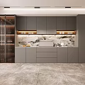 Modern Elegant Kitchen Sideboard Cabinet With Gray Cabinets Marble Backsplash And Glass Door Wine Rack