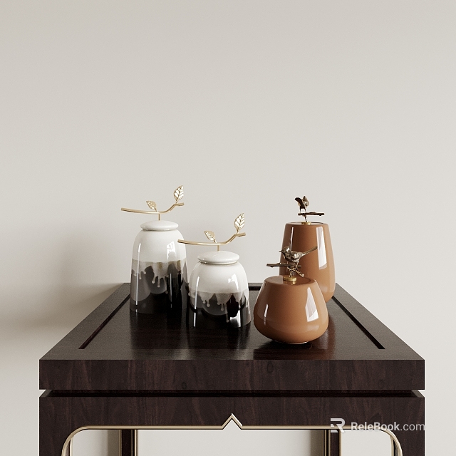 Ceramic Vessels With Bird And Leaf Decorations In White Black Brown On Dark Wooden Table 3d model 