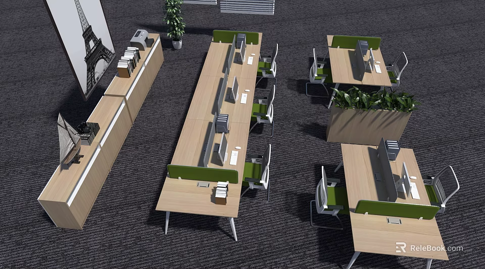 Modern Green Office Chairs In Open Office Space With Desks Computers And Plants 3d model 