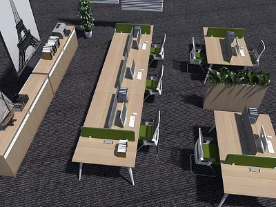 Modern Green Office Chairs In Open Office Space With Desks Computers And Plants 3d model