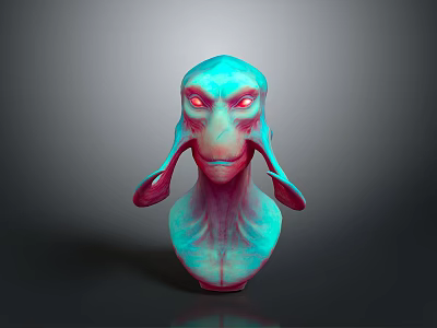 Detailed Fantasy Creature Head With Turquoise Skin Red Glowing Eyes Large Ears And Neck Details 3d model