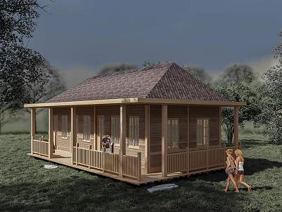 Wooden Cabin Building With Gabled Roof Spacious Porch And Trees People Walking Nearby 3d model