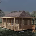 Wooden Cabin Building With Gabled Roof Spacious Porch And Trees People Walking Nearby