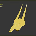 White Animal Skull With Long Curved Horns And Natural Hair Texture On Dark Reflective Background