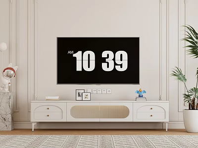 Modern White TV Stand with Decorative Frames Small Ornaments Green Plant and Wall Mounted TV 3d model