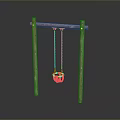 Wooden Swing With Red Bucket Seat Hung By Chains On Two Wooden Posts