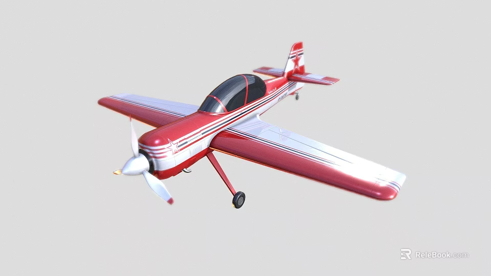 Red and White Fixed Wing Airplane with Propeller Wings and Tail Stripes 3d model 