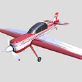 Red and White Fixed Wing Airplane with Propeller Wings and Tail Stripes