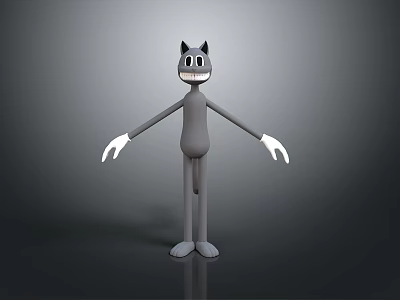 3D Gray Cartoon Character With Cat Ears White Gloves And Grinning Face Standing 3d model