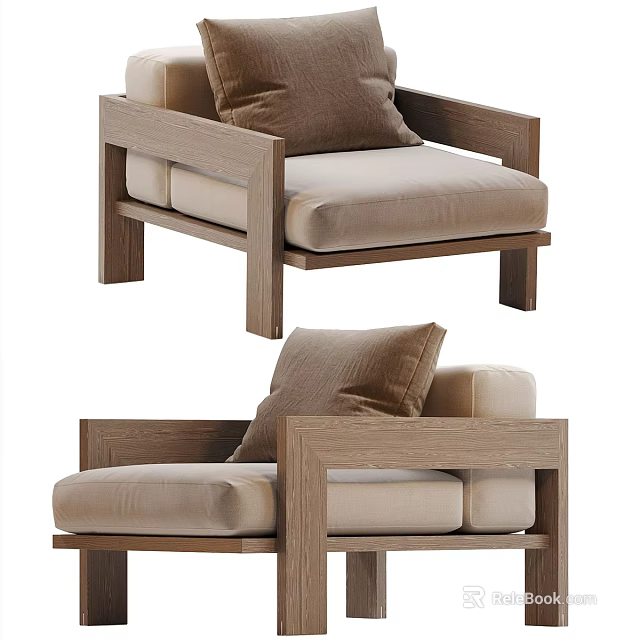 Simple Design Leisure Chair With Wooden Frame And Beige Cushion Pillow 3d model 