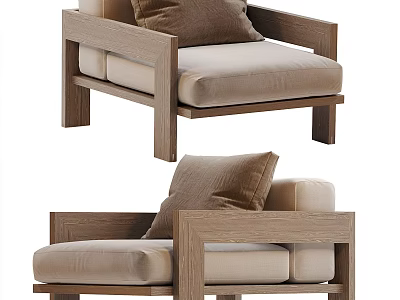 Simple Design Leisure Chair With Wooden Frame And Beige Cushion Pillow 3d model