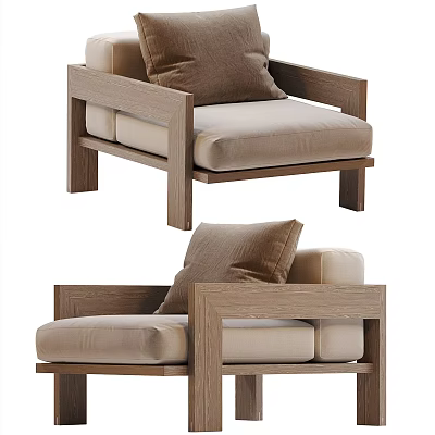Simple Design Leisure Chair With Wooden Frame And Beige Cushion Pillow 3d model