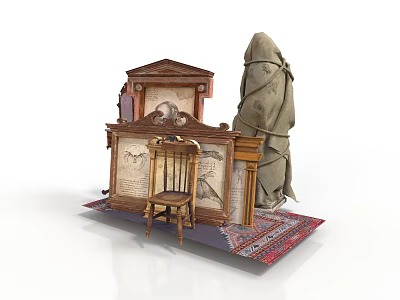 Vintage Classic Decor Setup With Wooden Chair Carved Cabinet Decorative Paintings And Patterned Rug 3d model