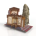 Vintage Classic Decor Setup With Wooden Chair Carved Cabinet Decorative Paintings And Patterned Rug
