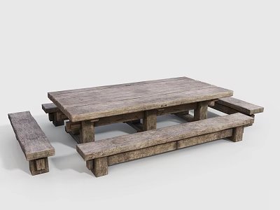 Rustic Outdoor Wooden Table With Matching Benches For Garden Patio Use 3d model
