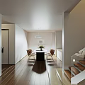 Minimalist Living And Dining Room With Light Sofa Wooden Coffee Table And Gray Rug