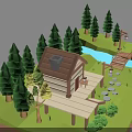 Picturesque Natural Landscape Featuring Log Cabin Wooden Bridge Stream Pine Trees Stone Steps And Grass