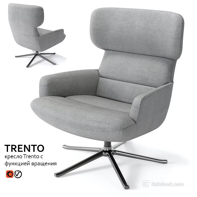 Modern Gray Upholstered Trento Lounge Chair with Swivel Metal Base and High Backrest 3d model 