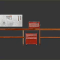 Wooden Workbench With Red Toolboxes And Tool Pegboard On Shelves