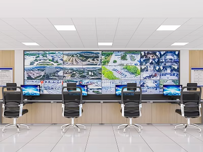 Modern Surveillance Control Room Interior With Multiple Monitoring Screens And Operator Chairs 3d model