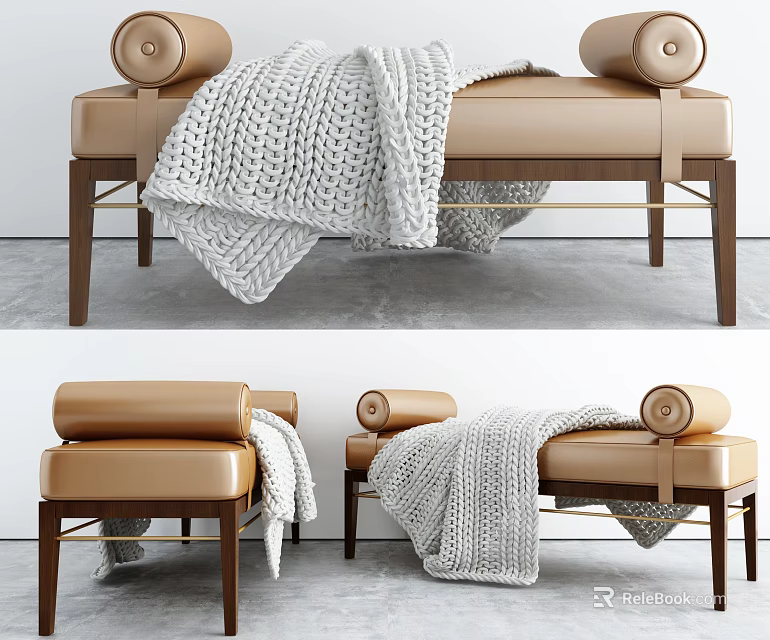 Luxurious Faux Leather Footstool With Knitted Blanket And Wooden Legs Design 3d model 
