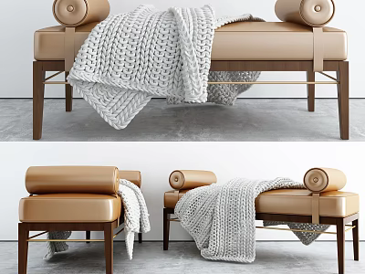 Luxurious Faux Leather Footstool With Knitted Blanket And Wooden Legs Design 3d model