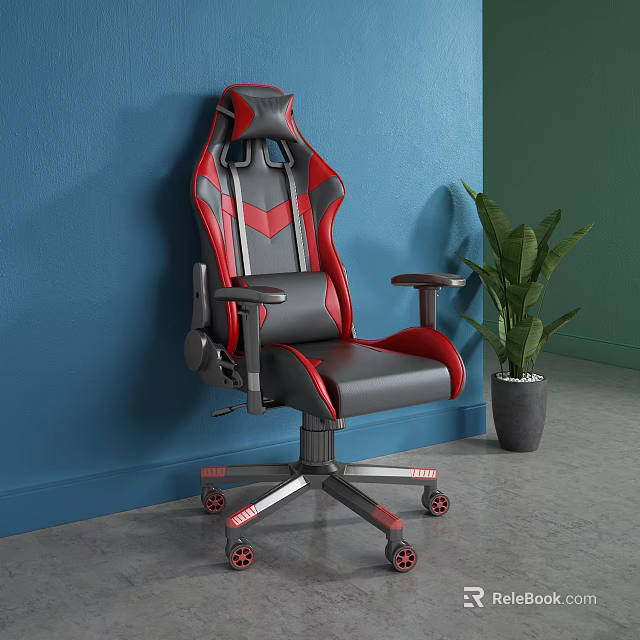 Black Red High Back Office Chair With Adjustable Armrests And Wheels By Potted Plant 3d model 